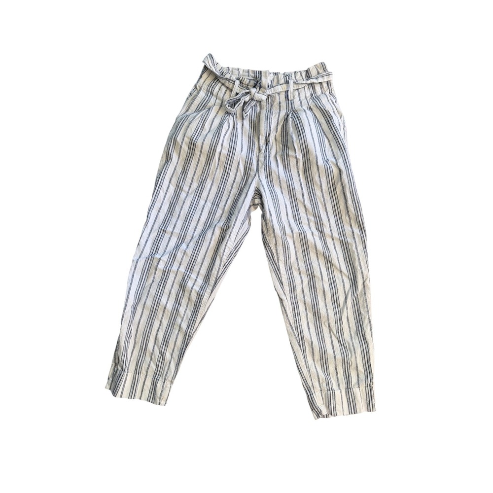 Striped‎ Paperbag Waist Tie Front Cropped Pants White Navy Blue Pleated Relaxed